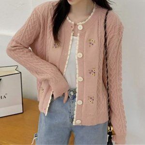 C133 Women Knitted Button Down Cotton Floral Cardigan Long Sleeve Sweater